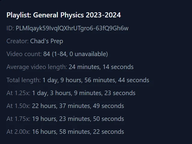 Playlist length calculator showing 84 videos and a total length of 33 hours 56 minutes