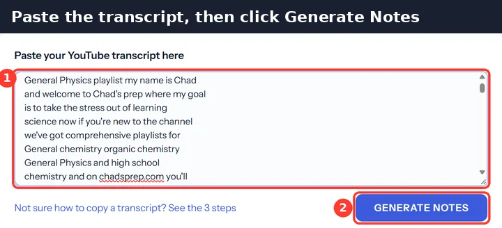 Notes tool with a YouTube transcript pasted into the text box and the Generate Notes button below it