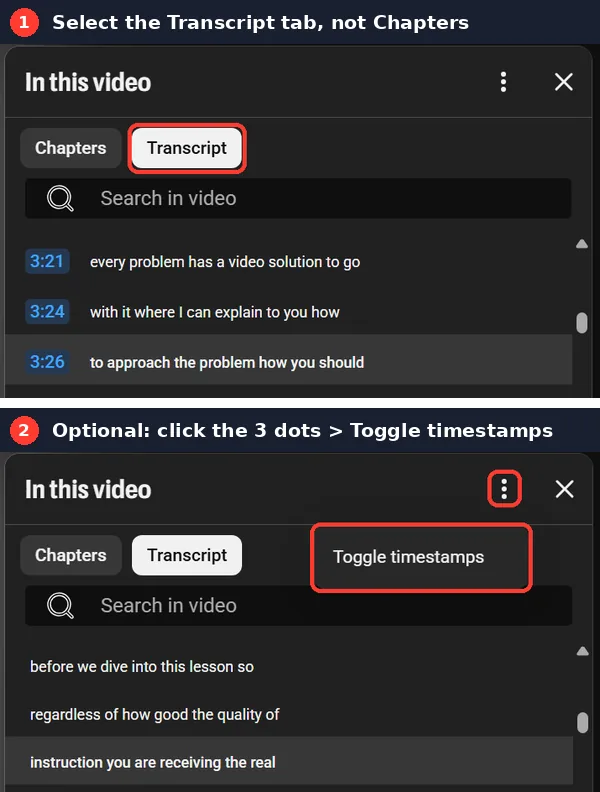 YouTube transcript panel with the Transcript tab selected, and the Toggle timestamps option in the three-dots menu